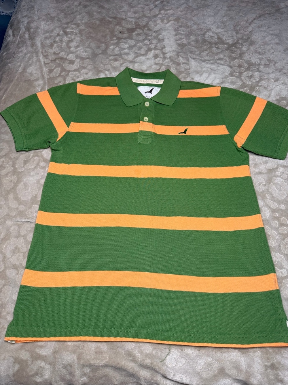 Men's Green & Orange Striped Polo Shirt with Bird Motif